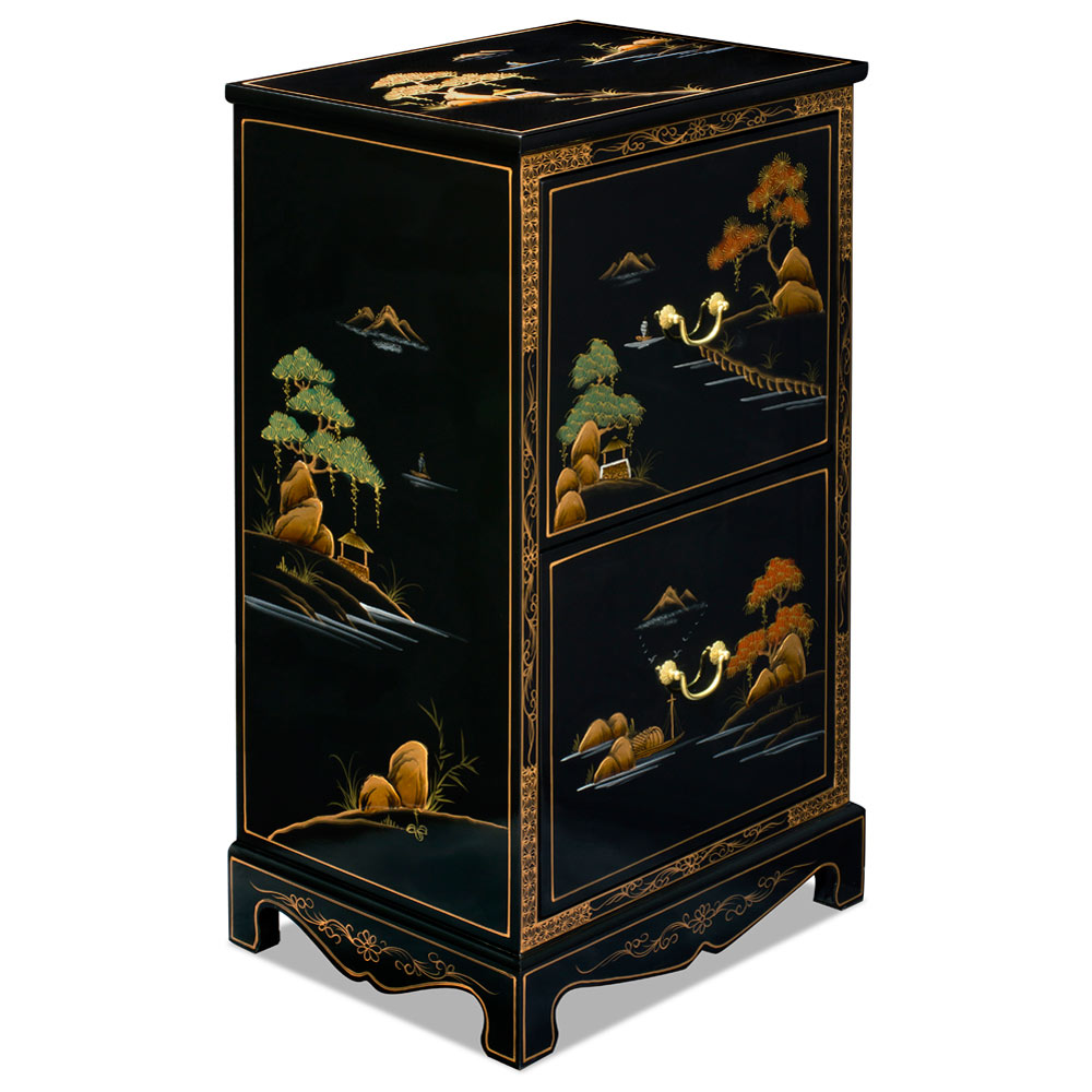 Chinoiserie Scenery Motif 2 Drawer Oriental File Cabinet