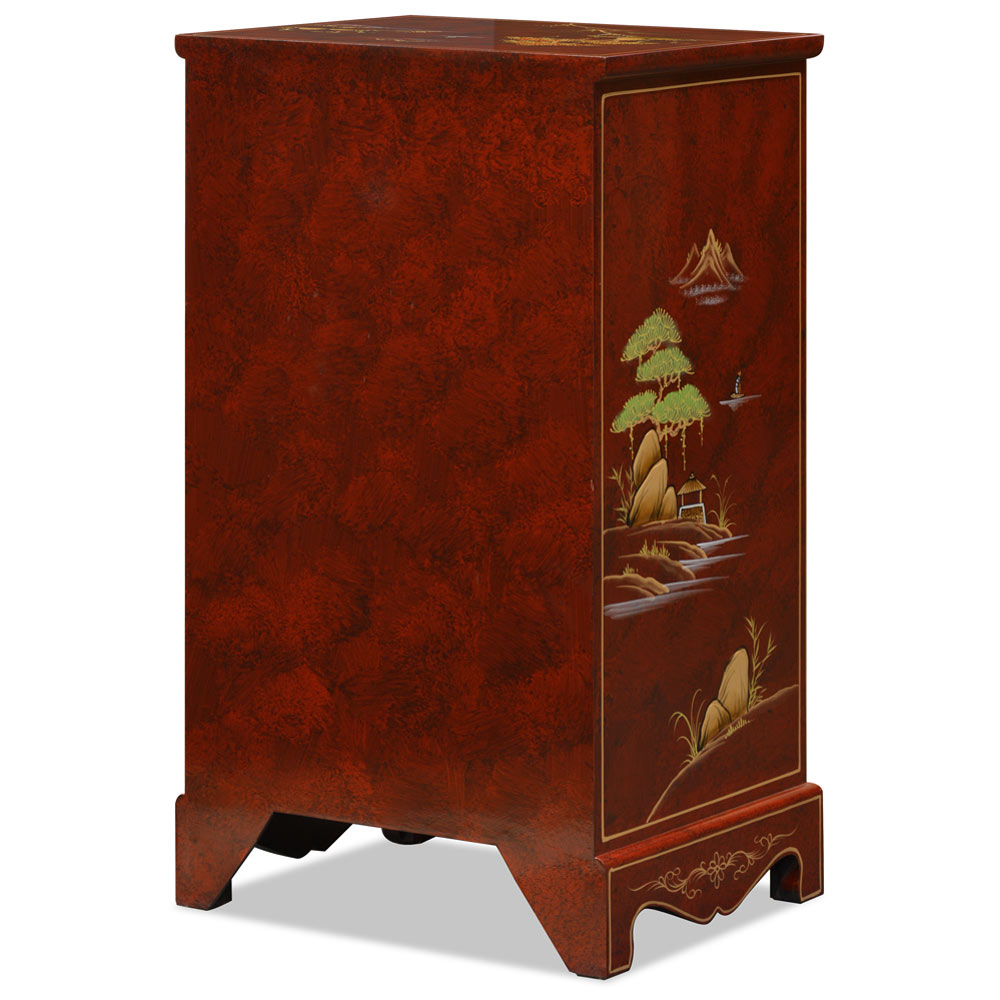 Red Lacquer Chinoiserie Scenery Motif 2 Drawer Oriental File Cabinet