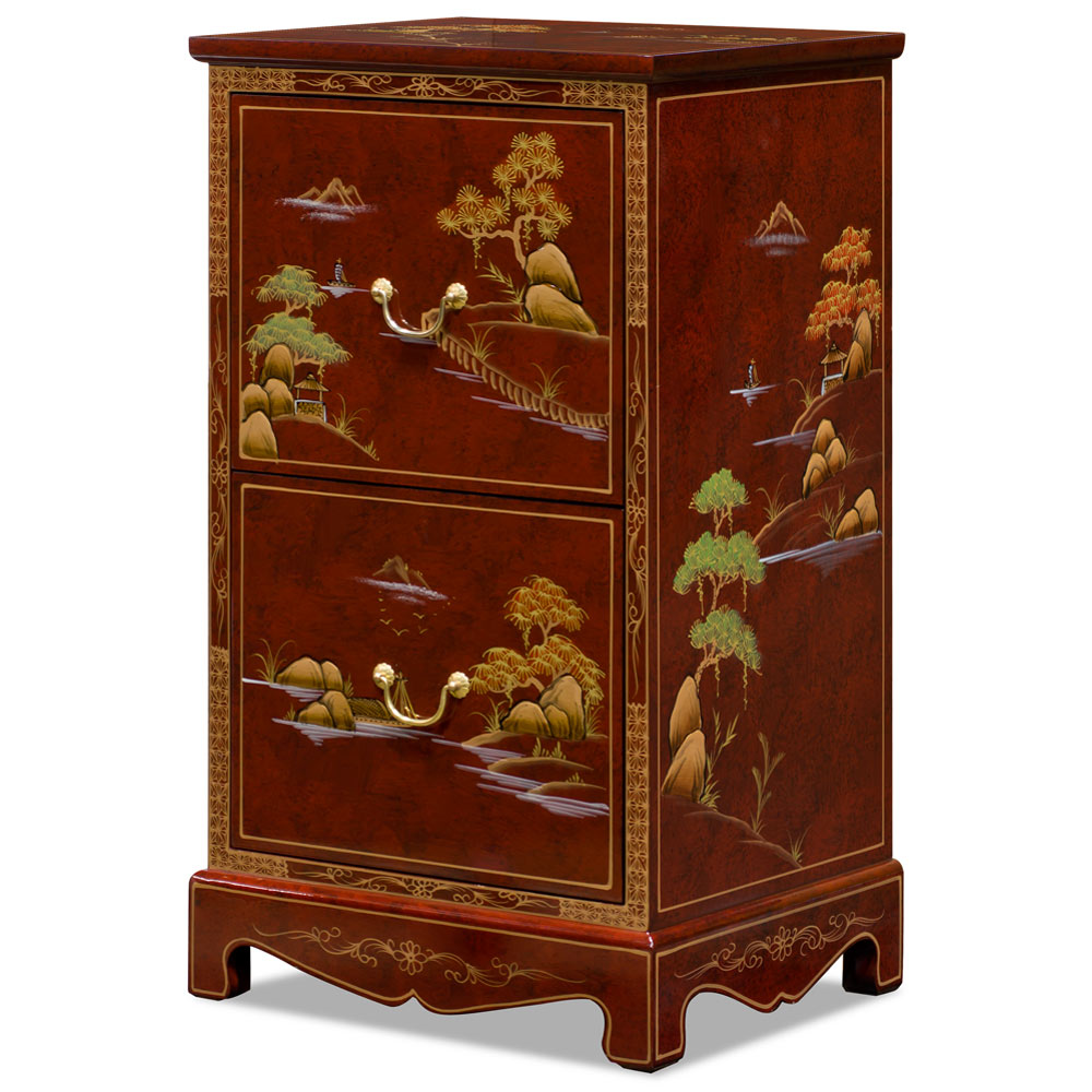 Red Lacquer Chinoiserie Scenery Motif 2 Drawer Oriental File Cabinet