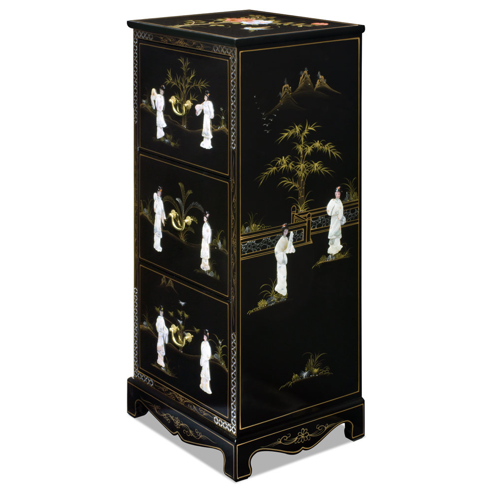 Black Lacquer Mother of Pearl 3 Drawer Oriental File Cabinet