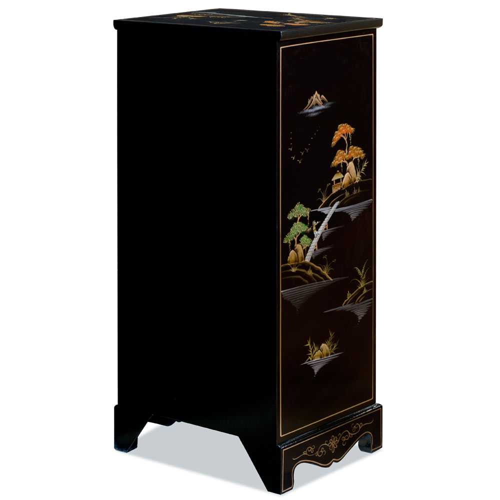 Black Lacquer Chinoiserie Scenery Motif 3 Drawer Oriental File Cabinet