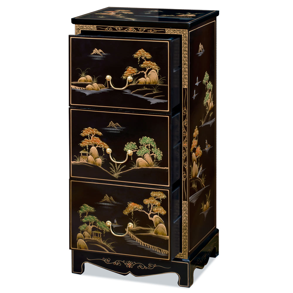 Black Lacquer Chinoiserie Scenery Motif 3 Drawer Oriental File Cabinet