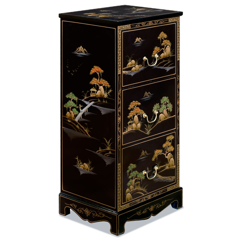 Black Lacquer Chinoiserie Scenery Motif 3 Drawer Oriental File Cabinet