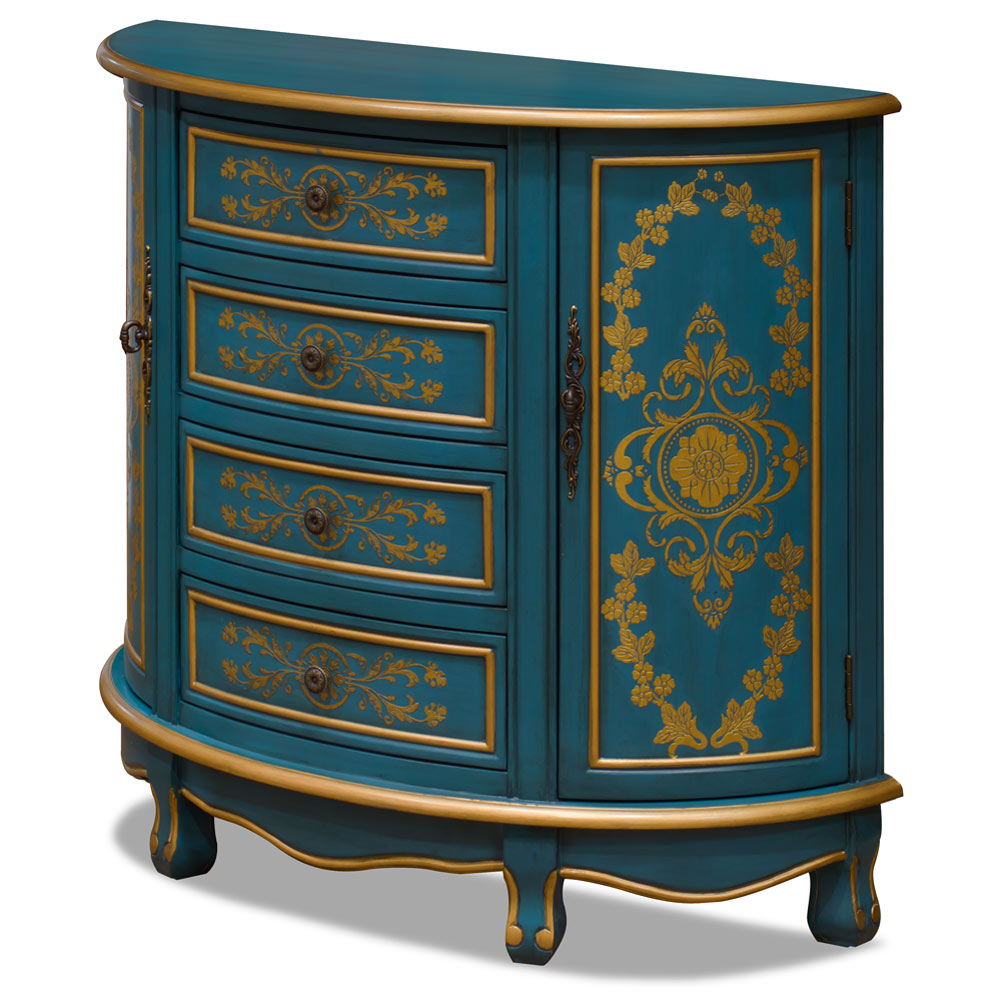 Hand Painted Aquamarine Blue and Gold French Style Half Moon Oriental Cabinet