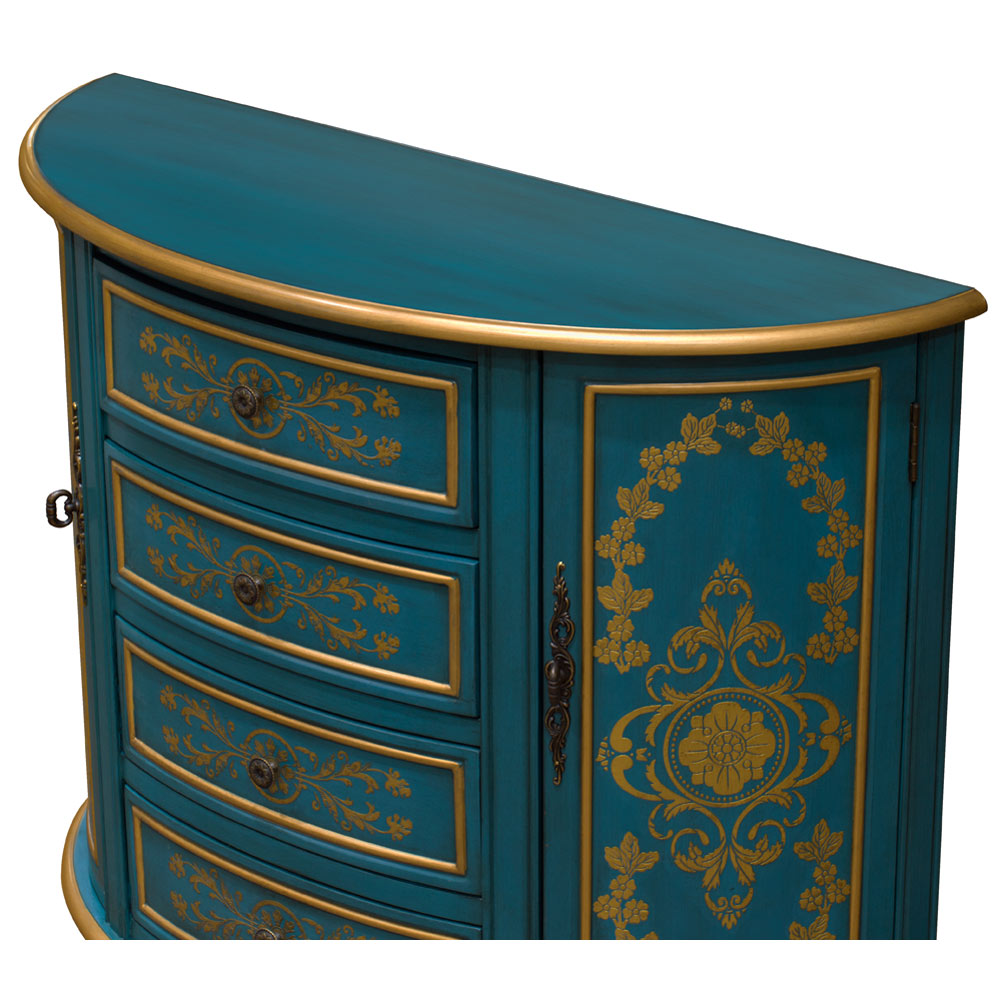 Hand Painted Aquamarine Blue and Gold French Style Half Moon Oriental Cabinet