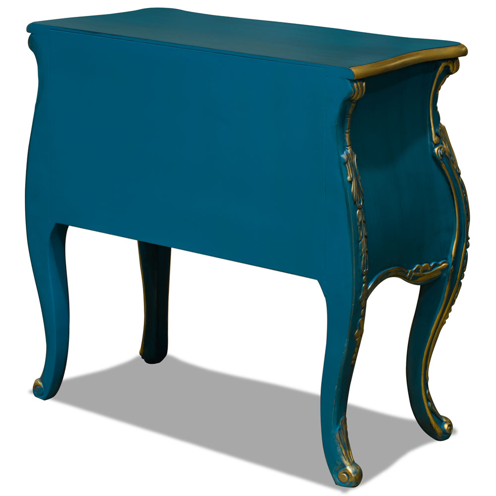 Hand Painted Aquamarine Blue and Gold French Style Oriental Bombe Chest