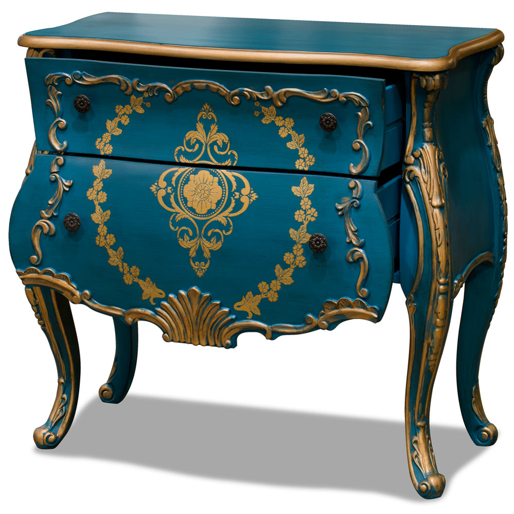 Hand Painted Aquamarine Blue and Gold French Style Oriental Bombe Chest