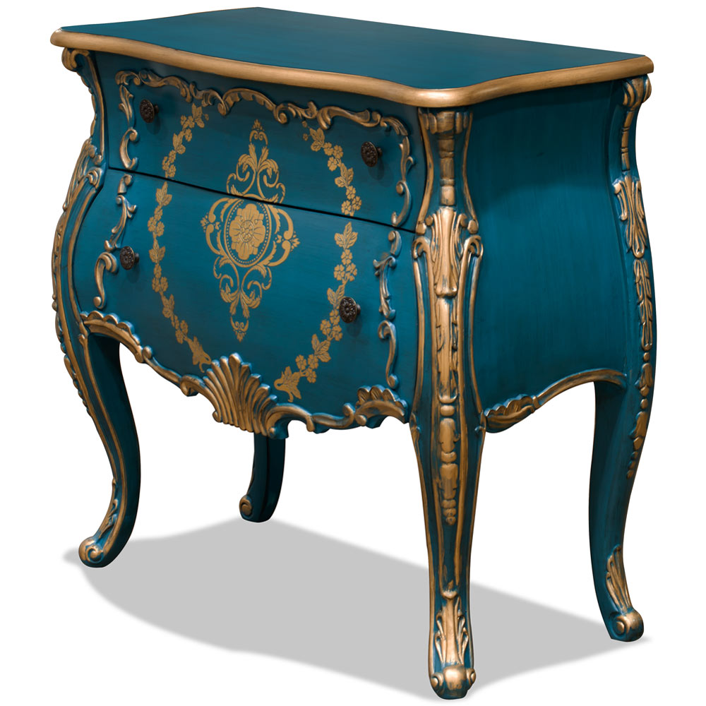 Hand Painted Aquamarine Blue and Gold French Style Oriental Bombe Chest