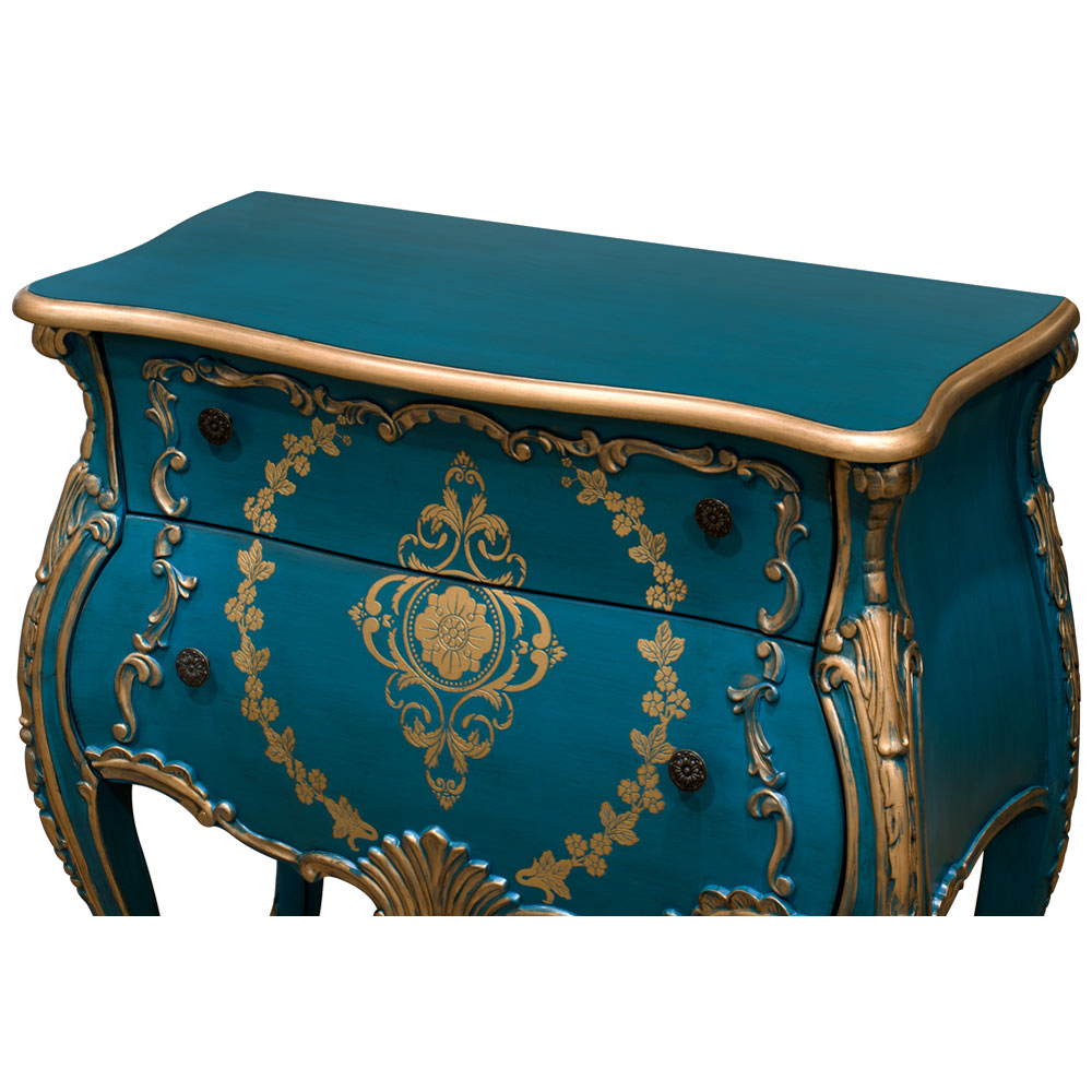 Hand Painted Aquamarine Blue and Gold French Style Oriental Bombe Chest