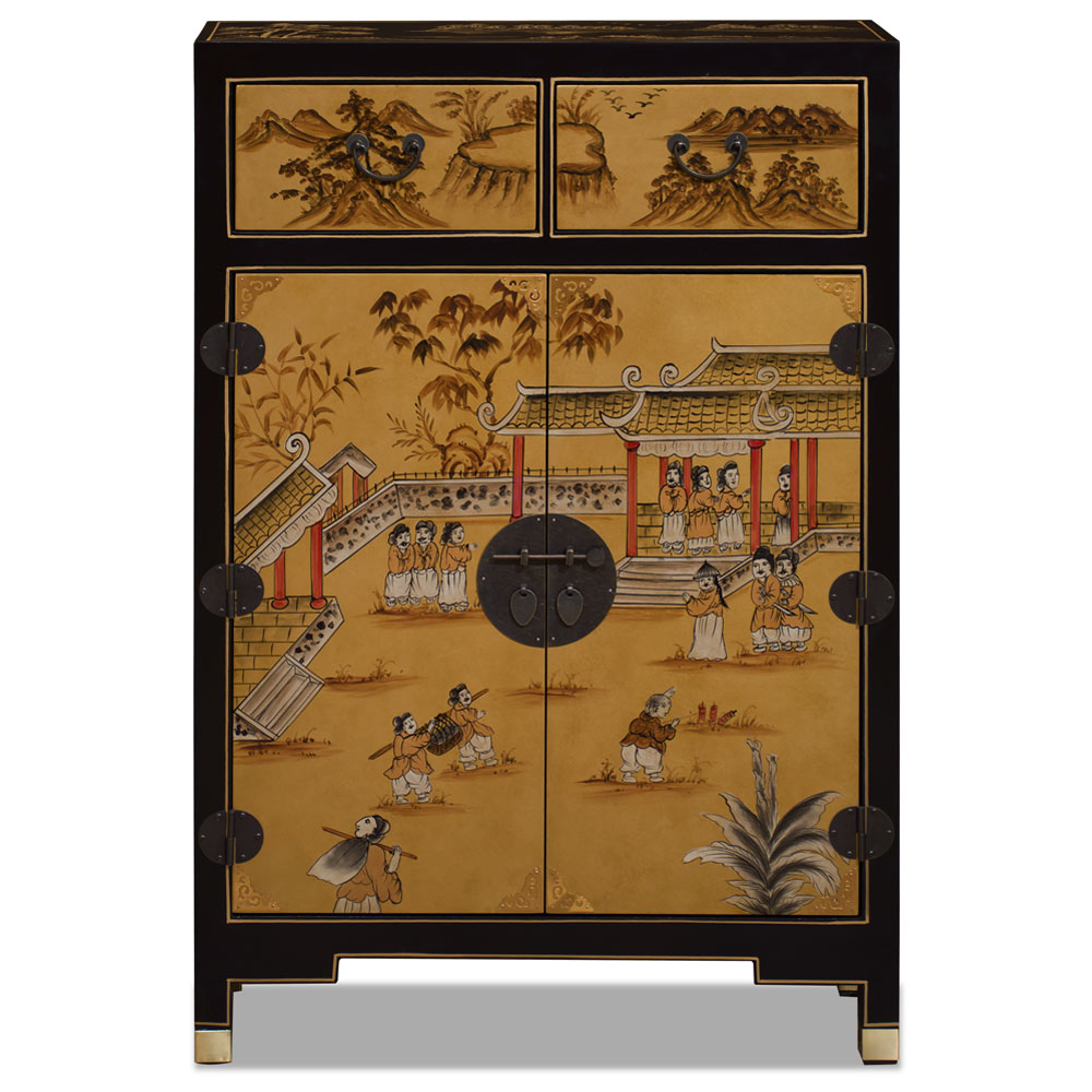 Gold Leaf Chinoiserie Courtyard Oriental Cabinet