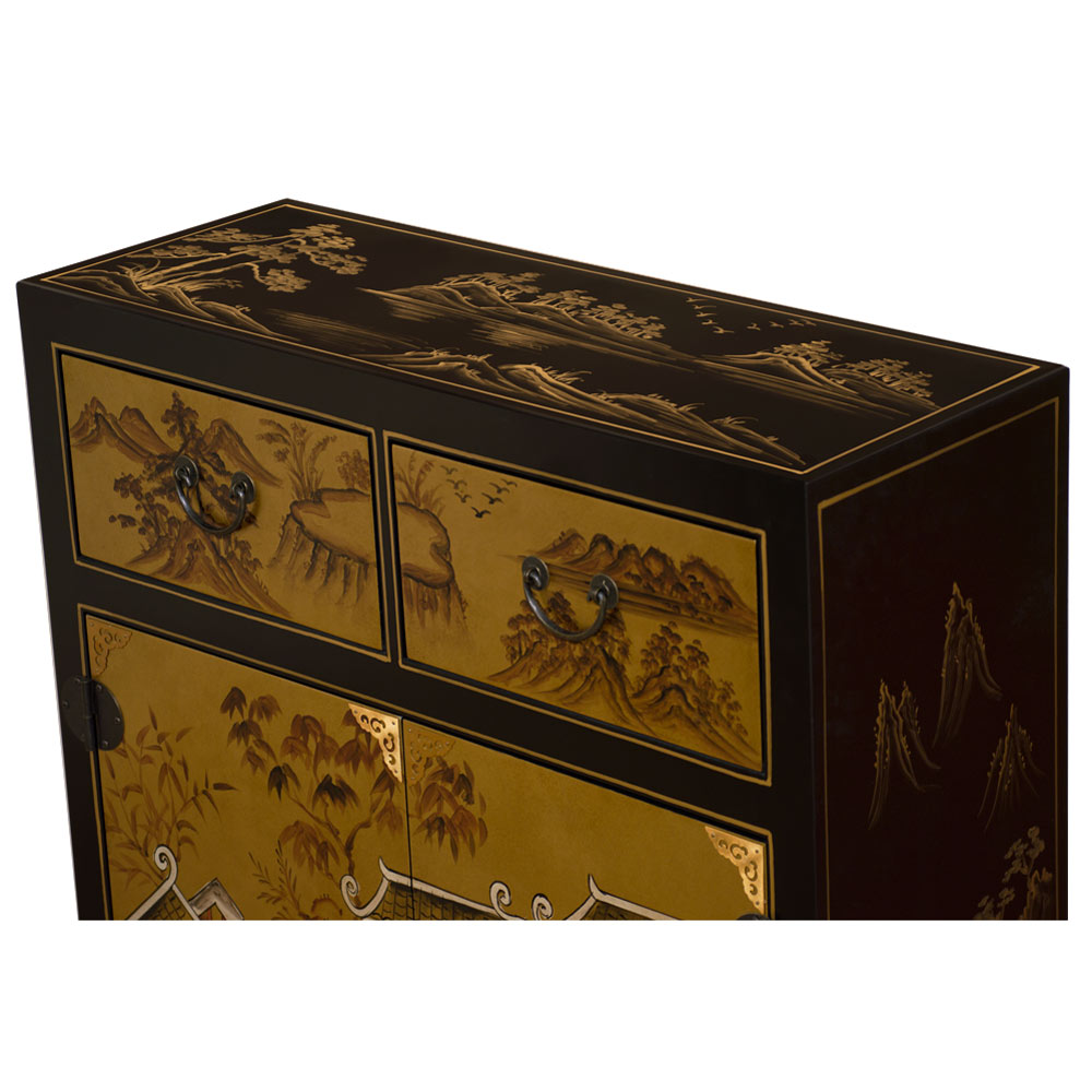 Gold Leaf Chinoiserie Courtyard Oriental Cabinet