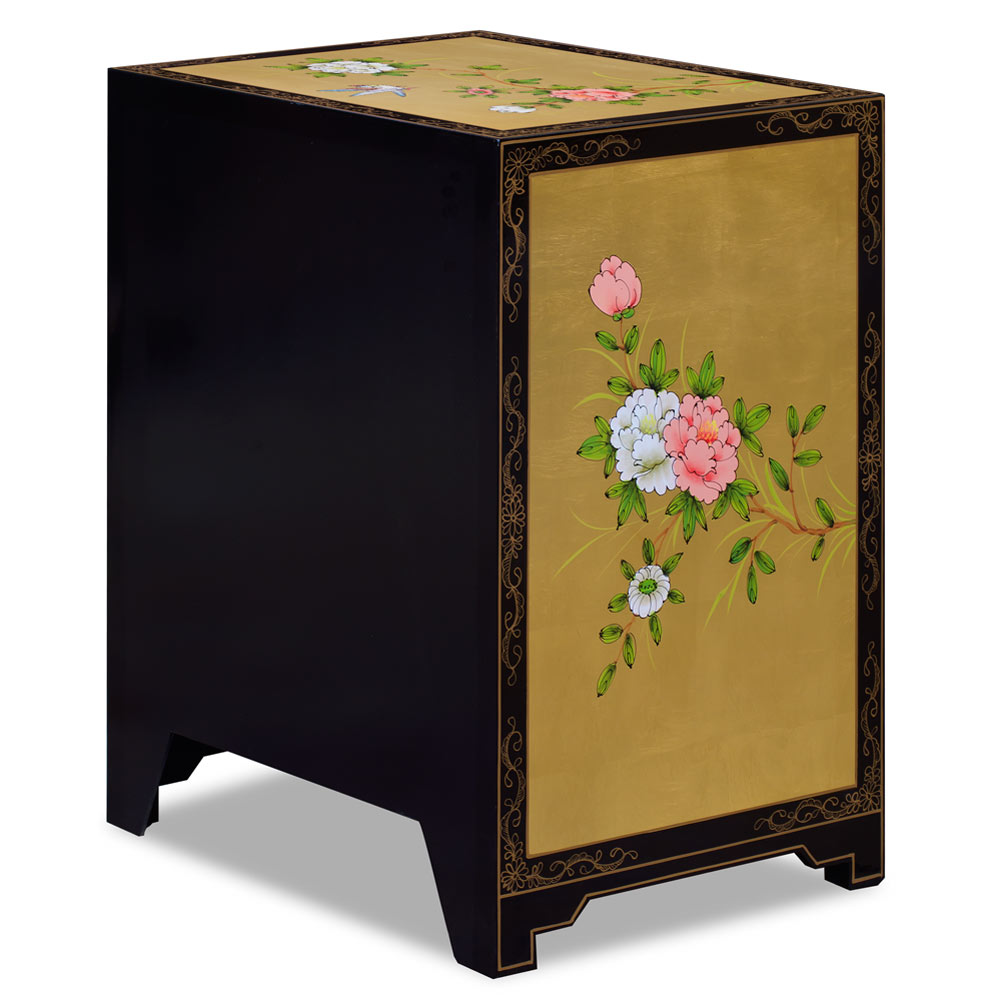 Gold Leaf Chinoiserie Bird and Flower Oriental Cabinet