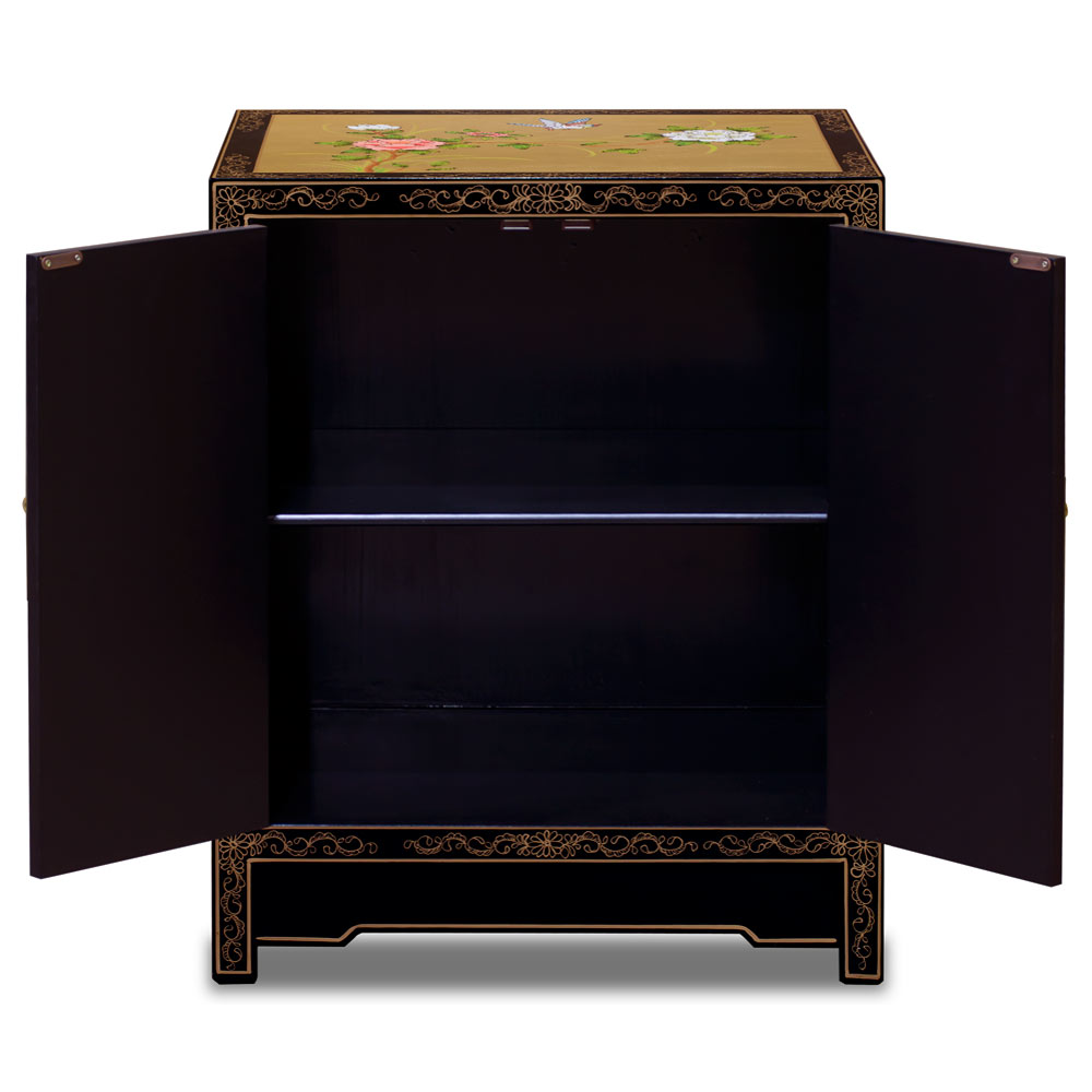 Gold Leaf Chinoiserie Bird and Flower Oriental Cabinet