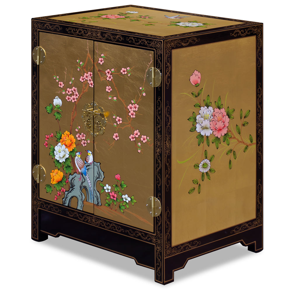 Gold Leaf Chinoiserie Bird and Flower Oriental Cabinet