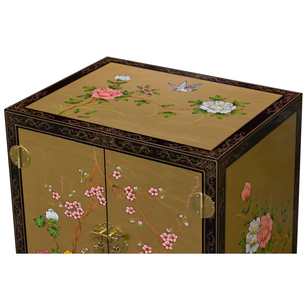 Gold Leaf Chinoiserie Bird and Flower Oriental Cabinet