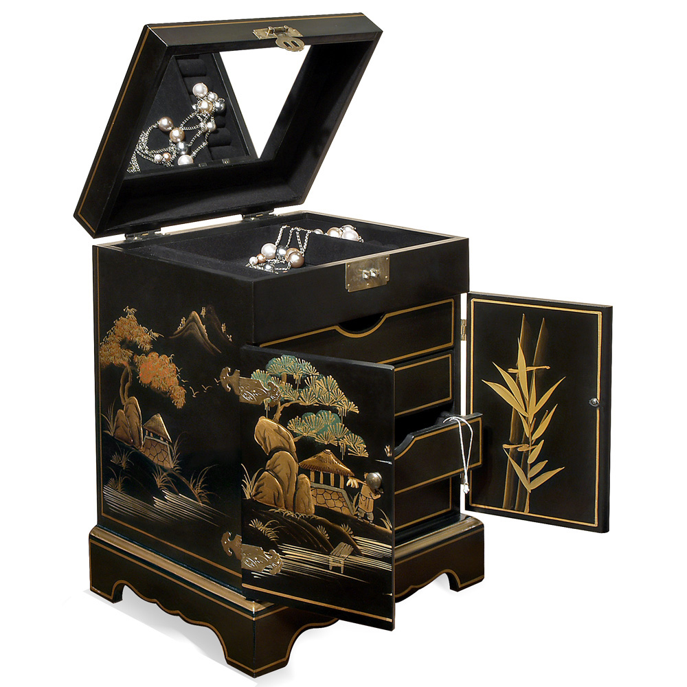 Chinoiserie Scenery Motif Chinese Jewelry Chest