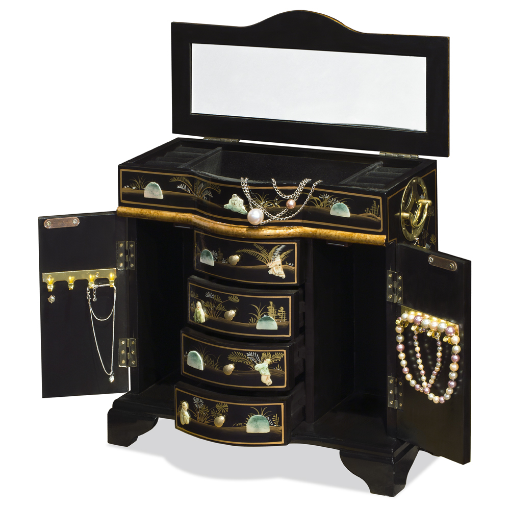 Black Lacquer Mother of Pearl Motif Shan-Shan Jewelry Chest