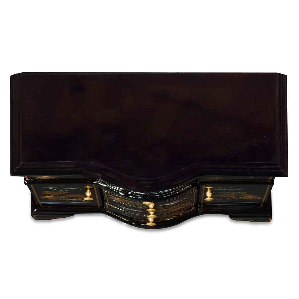 Black Lacquer Chinoiserie Scenery Motif Oriental Jewelry Chest