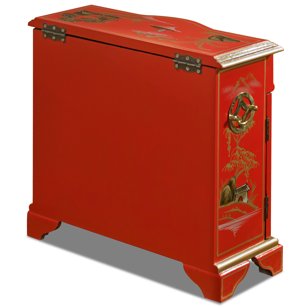 Red Chinoiserie Scenery Motif Oriental Jewelry Chest