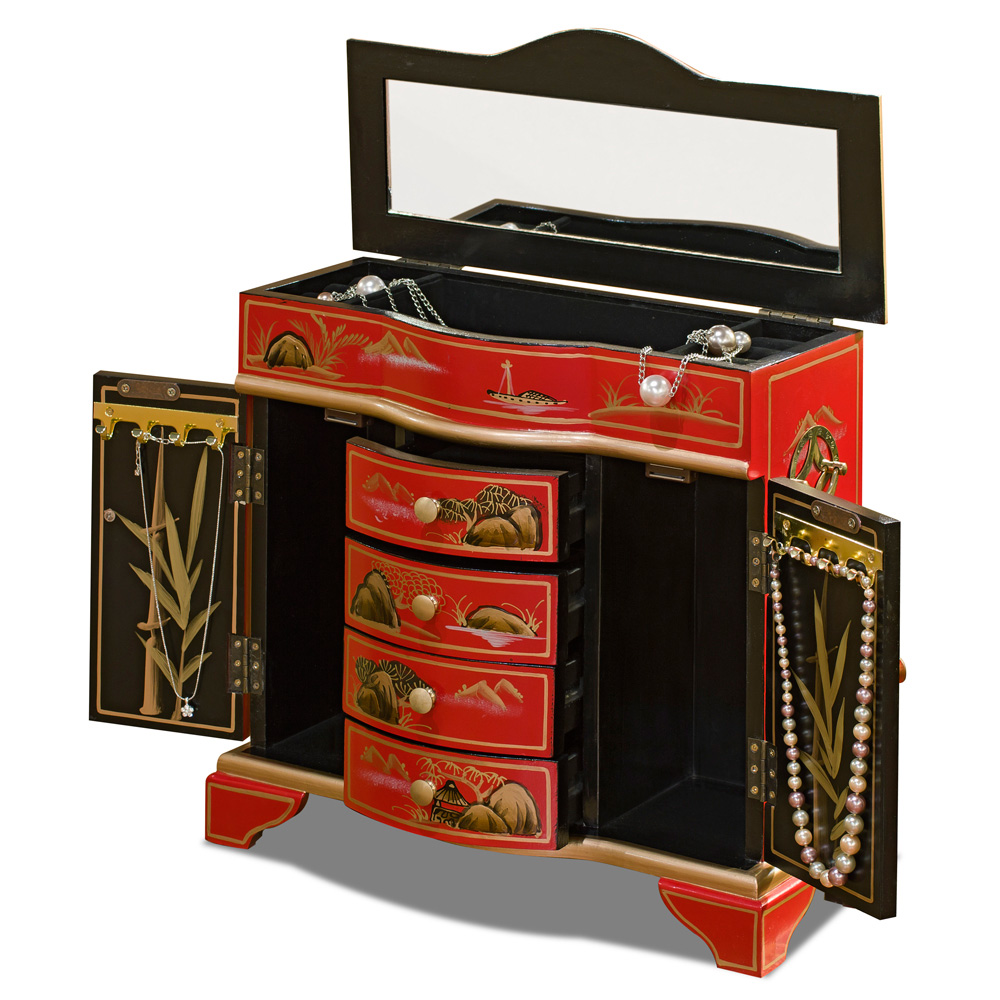 Red Chinoiserie Scenery Motif Oriental Jewelry Chest