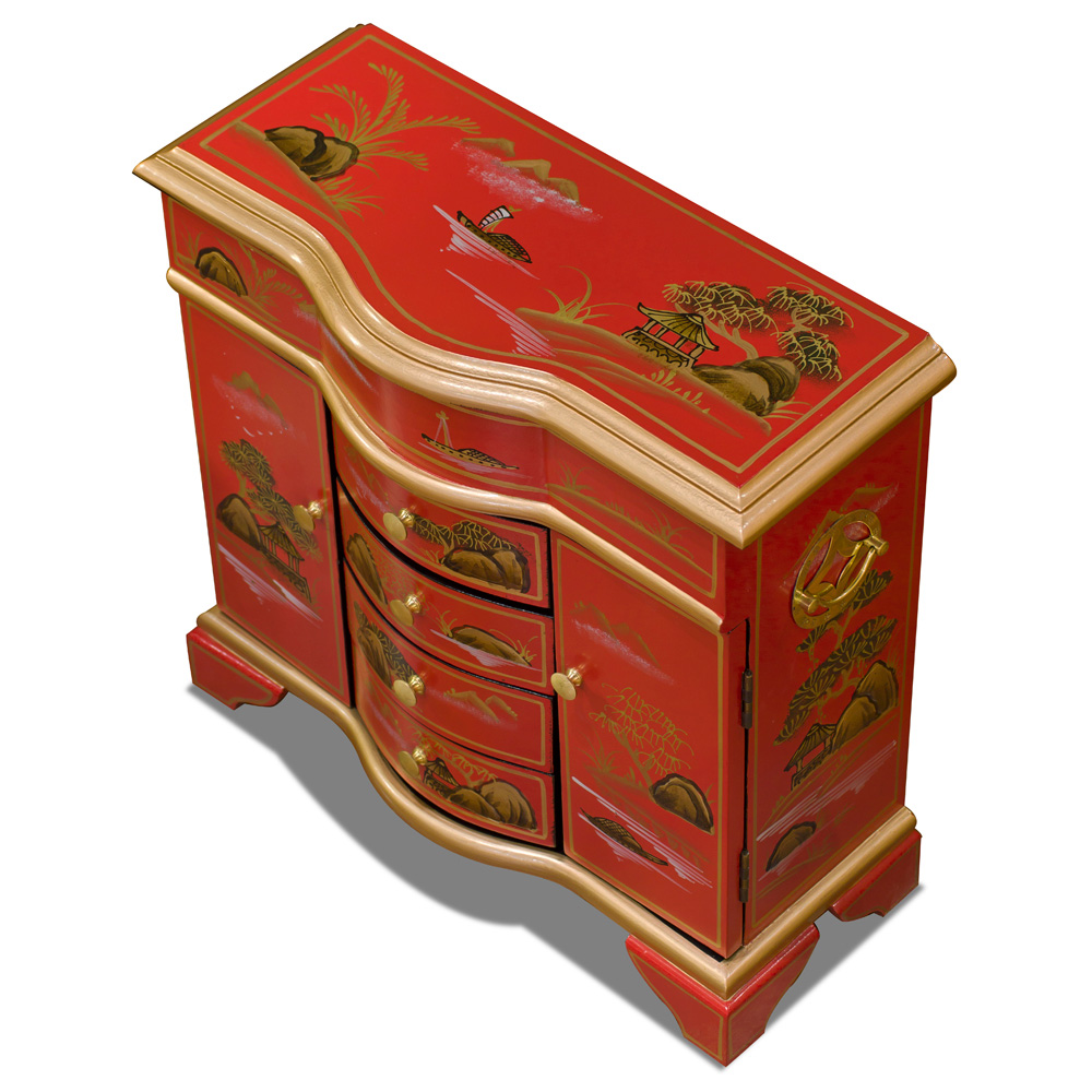 Red Chinoiserie Scenery Motif Oriental Jewelry Chest