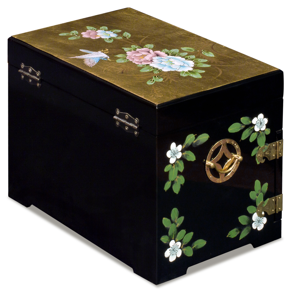 Gold Leaf Bird and Flower Motif Chinese Jewelry Box