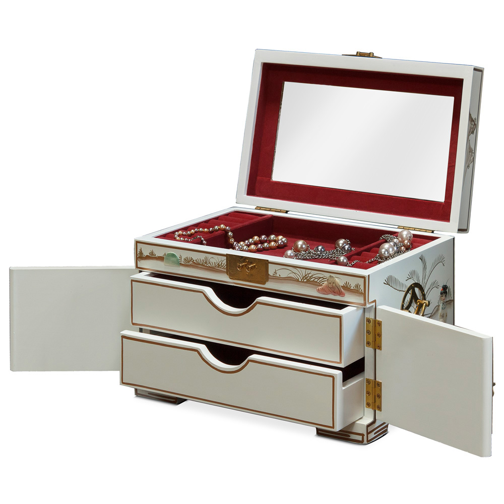 White Lacquer Mother of Pearl Chinese Jewelry Box