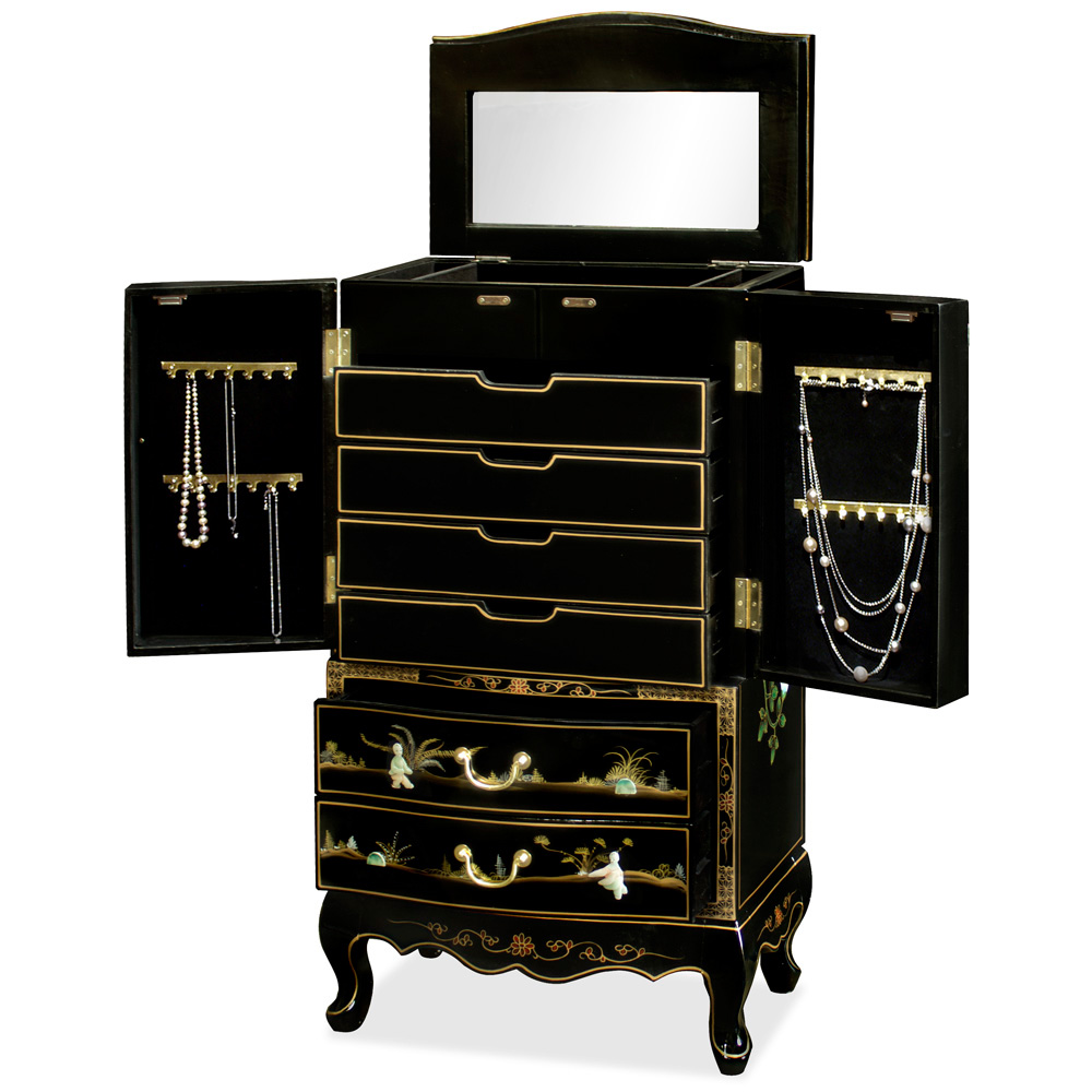 Black Lacquer Mother of Pearl Chinese Jewelry Armoire