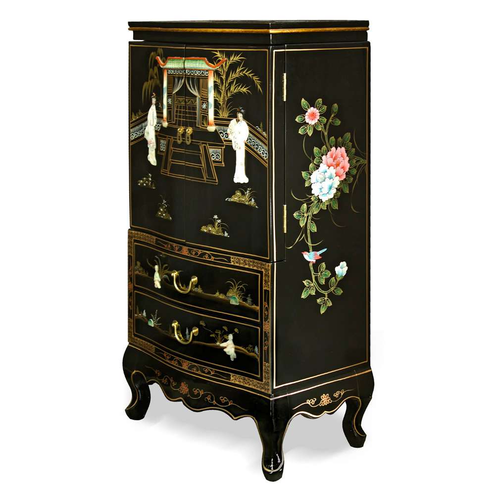 Black Lacquer Mother of Pearl Chinese Jewelry Armoire