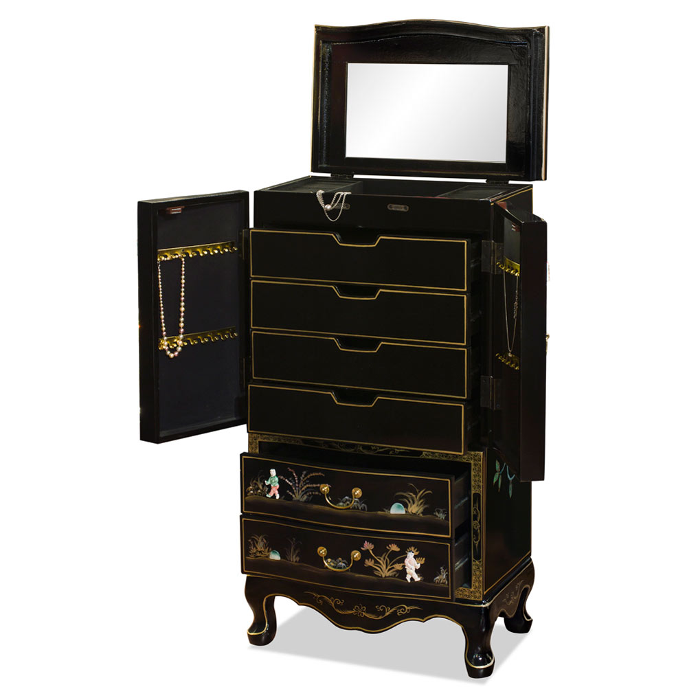 Black Lacquer Mother of Pearl Chinese Jewelry Armoire