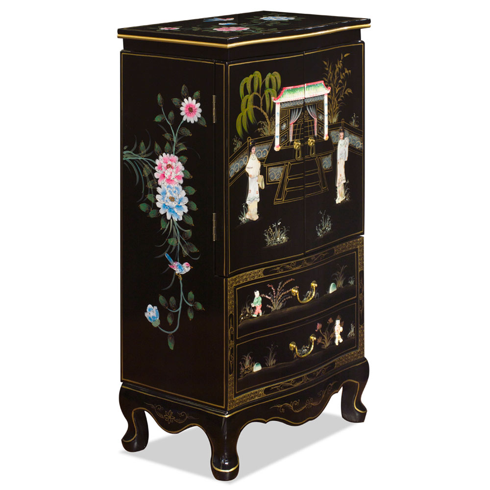 Black Lacquer Mother of Pearl Chinese Jewelry Armoire