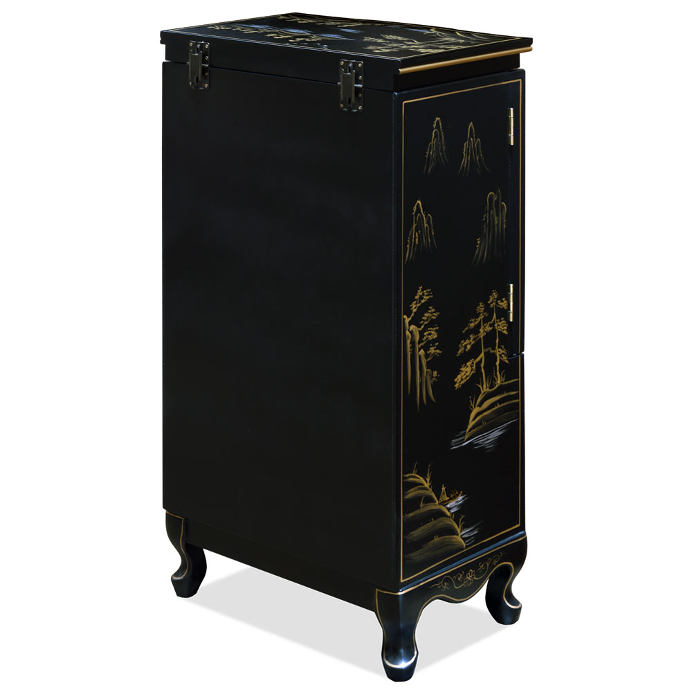 Black Lacquer Chinoiserie Court Yard Chinese Jewelry Armoire