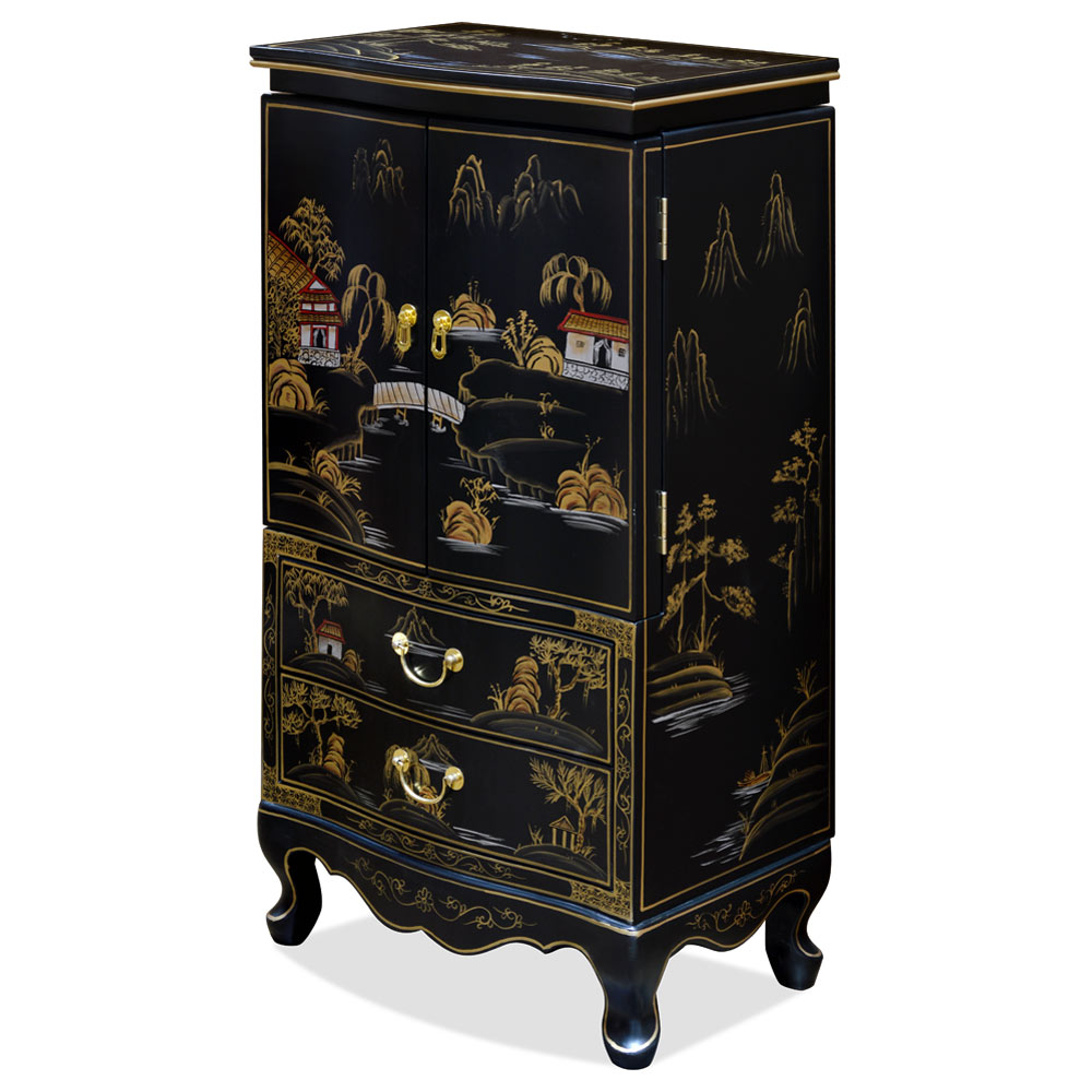 Black Lacquer Chinoiserie Court Yard Chinese Jewelry Armoire