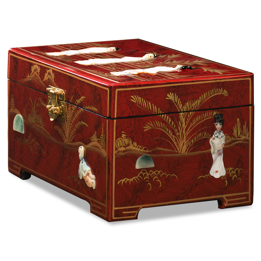 Red Lacquer Mother of Pearl Chinese Jewelry Box