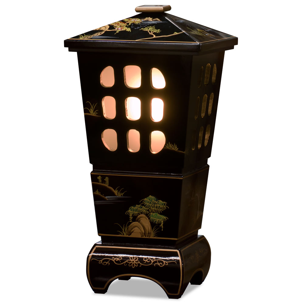 Black Lacquer Chinoiserie Scenery Oriental Pagoda Lantern