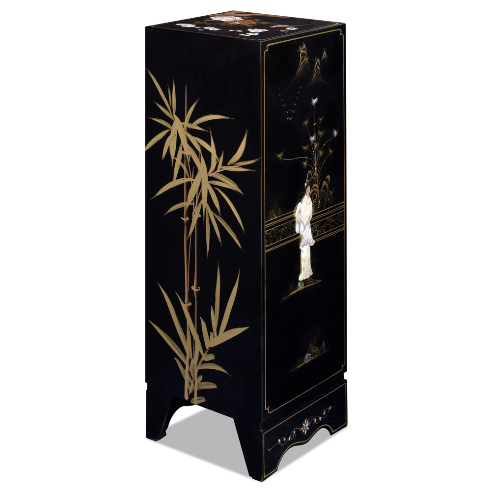 Black Lacquer Mother of Pearl Chinese Pedestal Cabinet