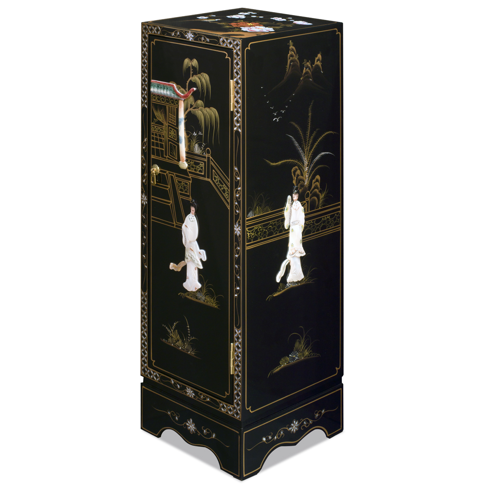 Black Lacquer Mother of Pearl Chinese Pedestal Cabinet