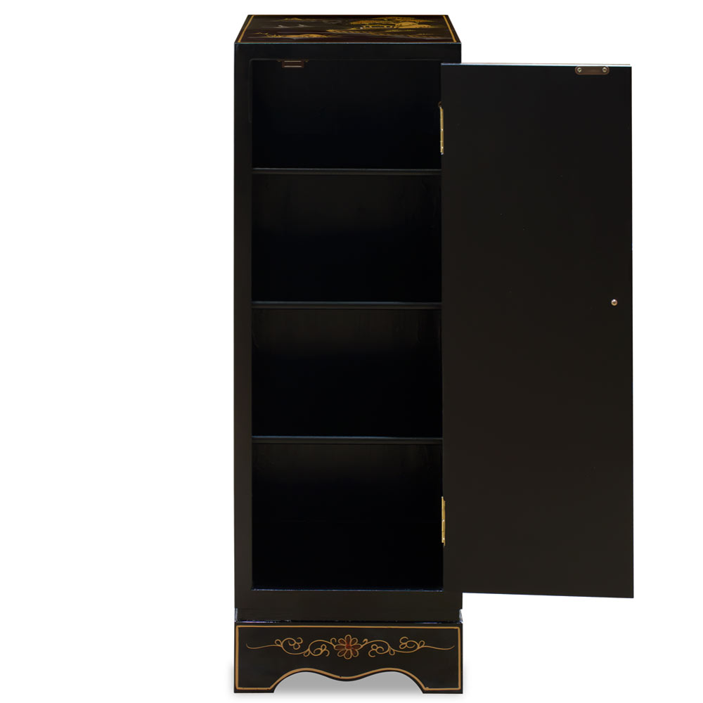 Black Lacquer Chinoiserie Chinese Pedestal Cabinet