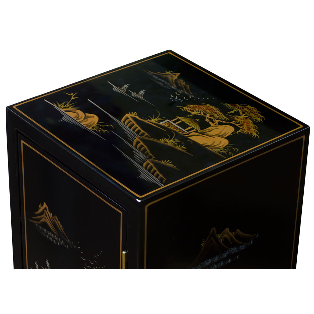 Black Lacquer Chinoiserie Chinese Pedestal Cabinet