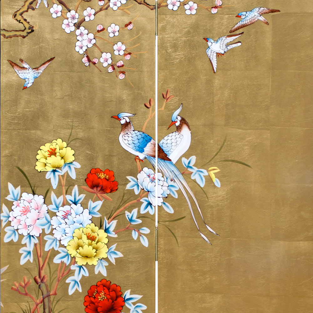 Gold Leaf Bird and Flower Asian Floor Screen