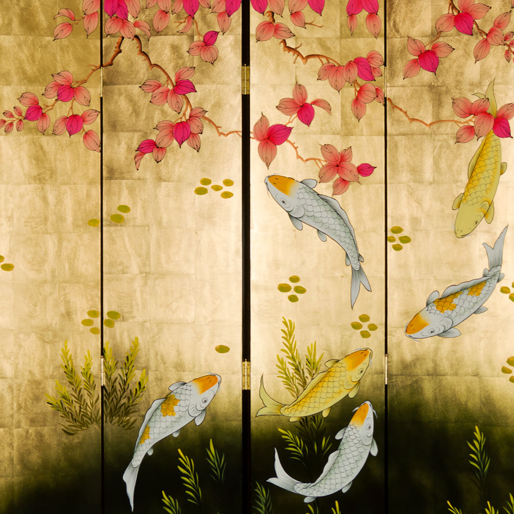 84 Inch Tall Gold Leaf Koi Fish Asian Floor Screen