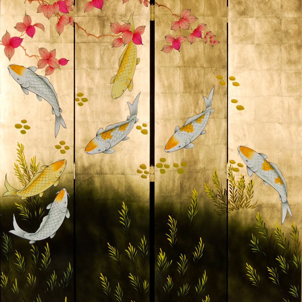 84 Inch Tall Gold Leaf Koi Fish Asian Floor Screen