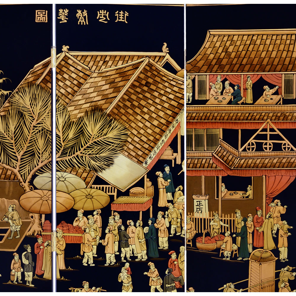 Chinoiserie Scenery 6 Panel Oriental Floor Screen with Spring Festival Scene