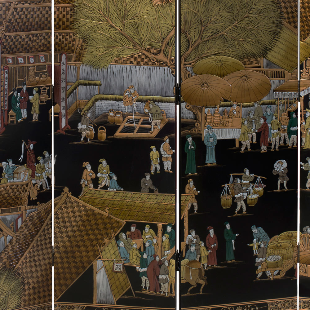 Chinoiserie Scenery 6 Panel Oriental Floor Screen with Spring Festival Scene