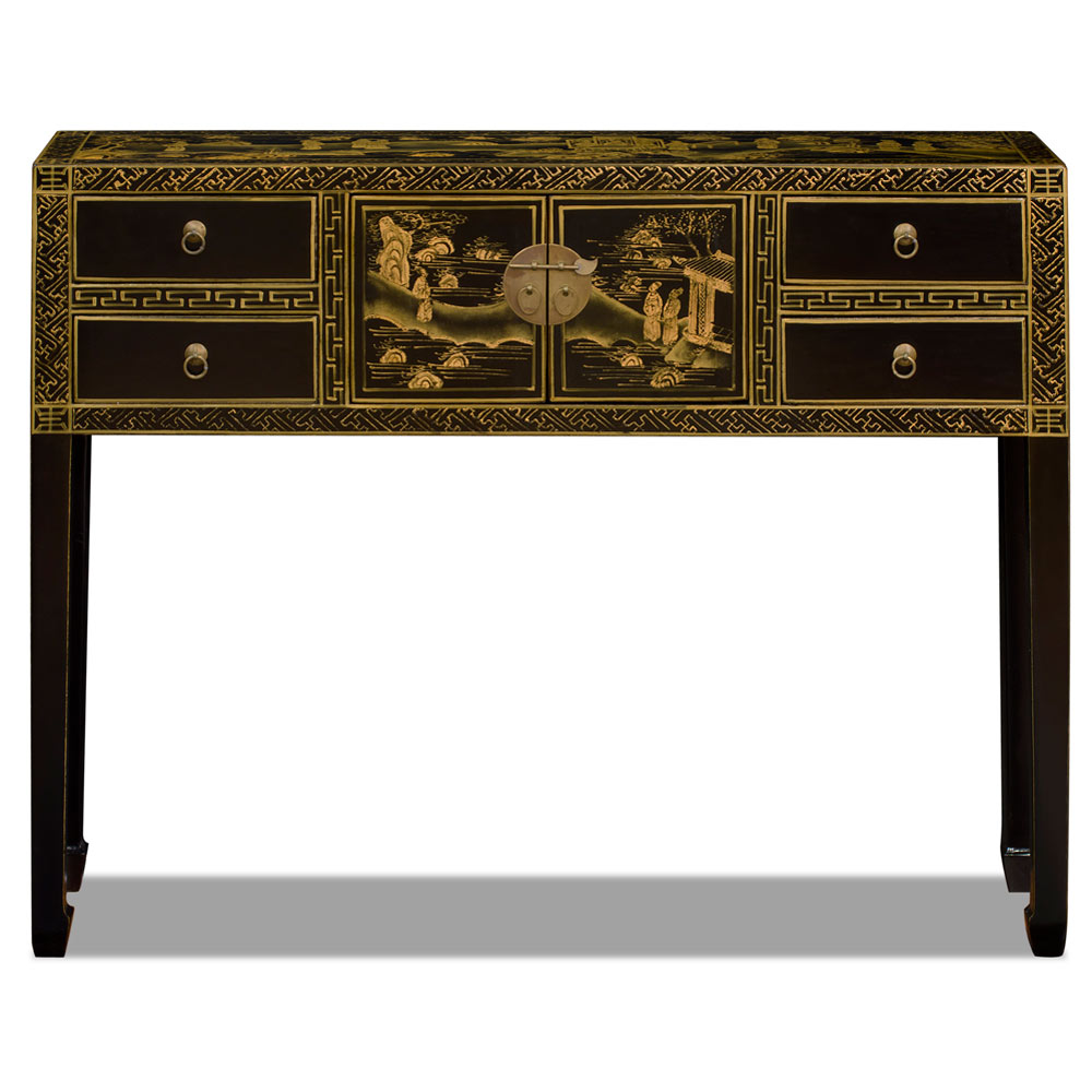 Hand Painted Chinoiserie Gold Scenery Chinese Black Elmwood Console Table