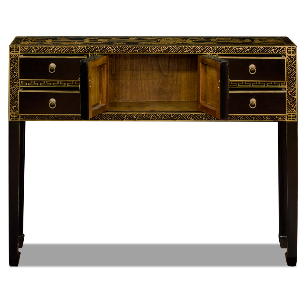 Hand Painted Chinoiserie Gold Scenery Chinese Black Elmwood Console Table