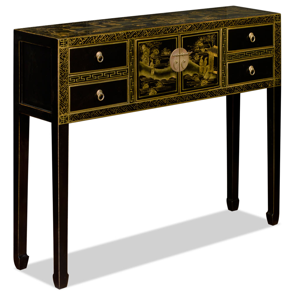 Hand Painted Chinoiserie Gold Scenery Chinese Black Elmwood Console Table