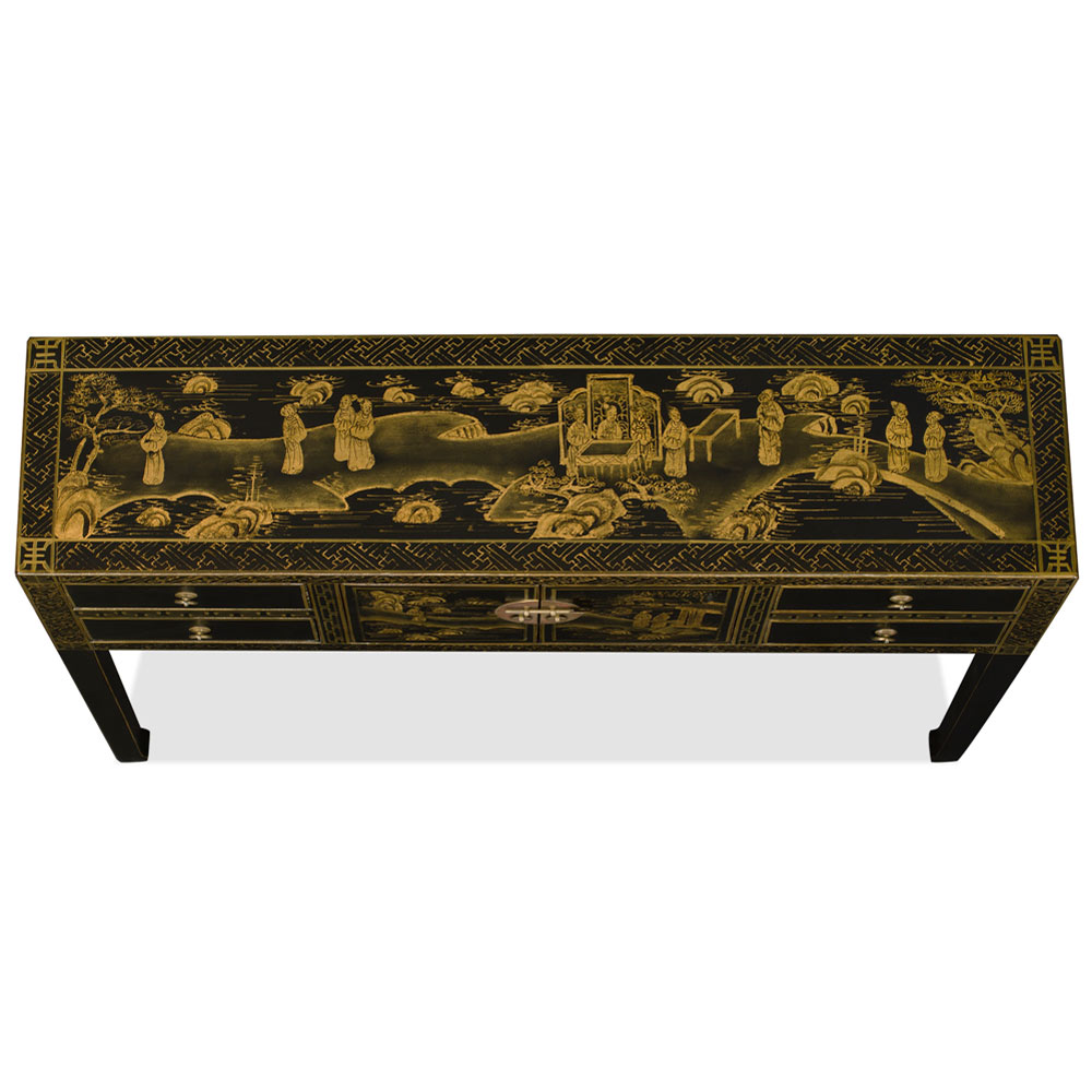 Hand Painted Chinoiserie Gold Scenery Chinese Black Elmwood Console Table