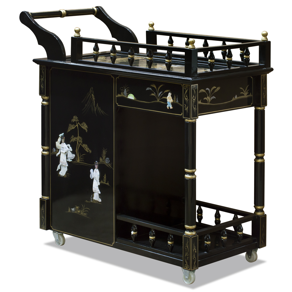 Black Lacquer Mother of Pearl Chinese Tea Cart