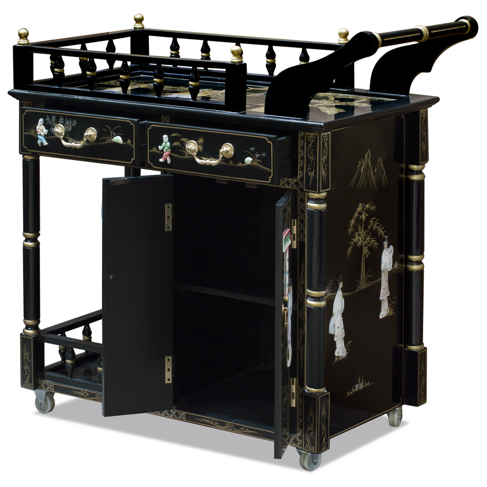 Black Lacquer Mother of Pearl Chinese Tea Cart